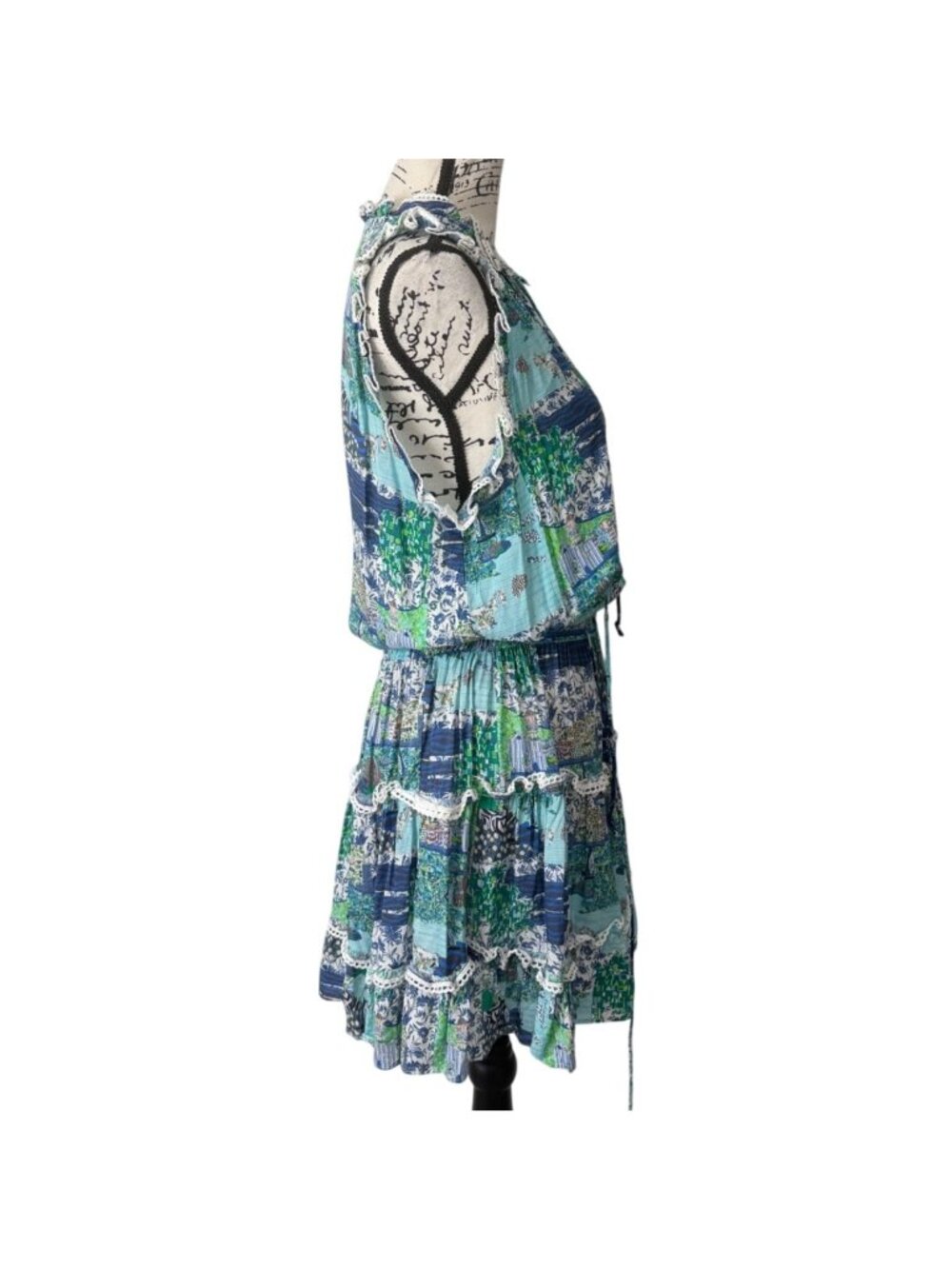 Taj By Sabrina Crippa Womens Size L Tiered Dress Sleeveless Blue Green Patchwork - Picture 2 of 7